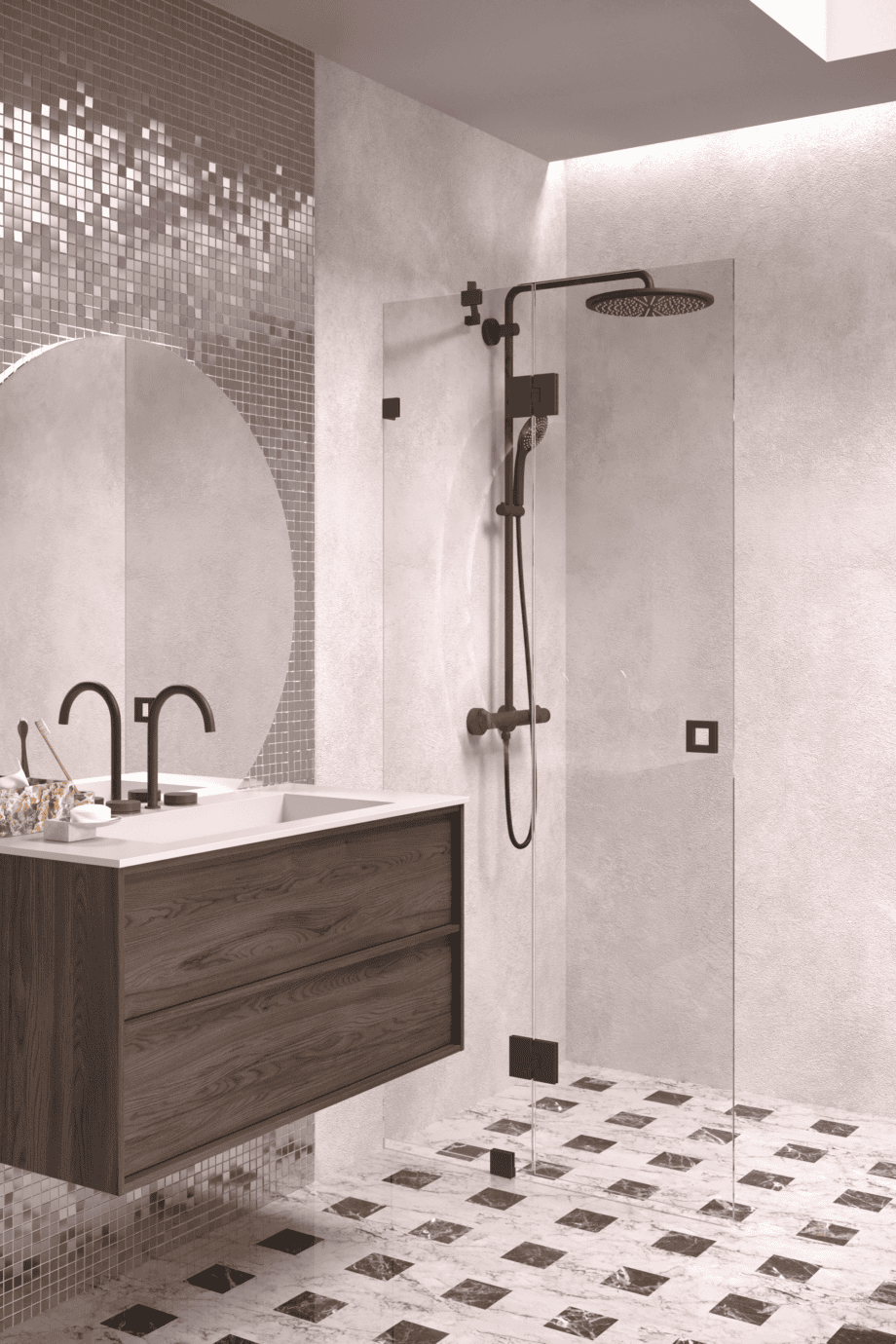 Hinged shower screen with fixed part Hietakari Vetro 514, black fittings, super bright glass Hinged shower screen with fixed part Hietakari Vetro 514, black fittings, super bright glass