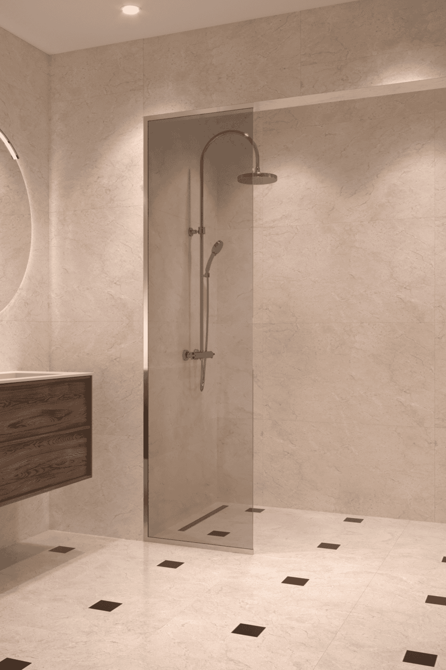 Framed fixed shower screen Hietakari Vetro 516, brass fittings, grey tinted glass Framed fixed shower screen Hietakari Vetro 516, brass fittings, grey tinted glass