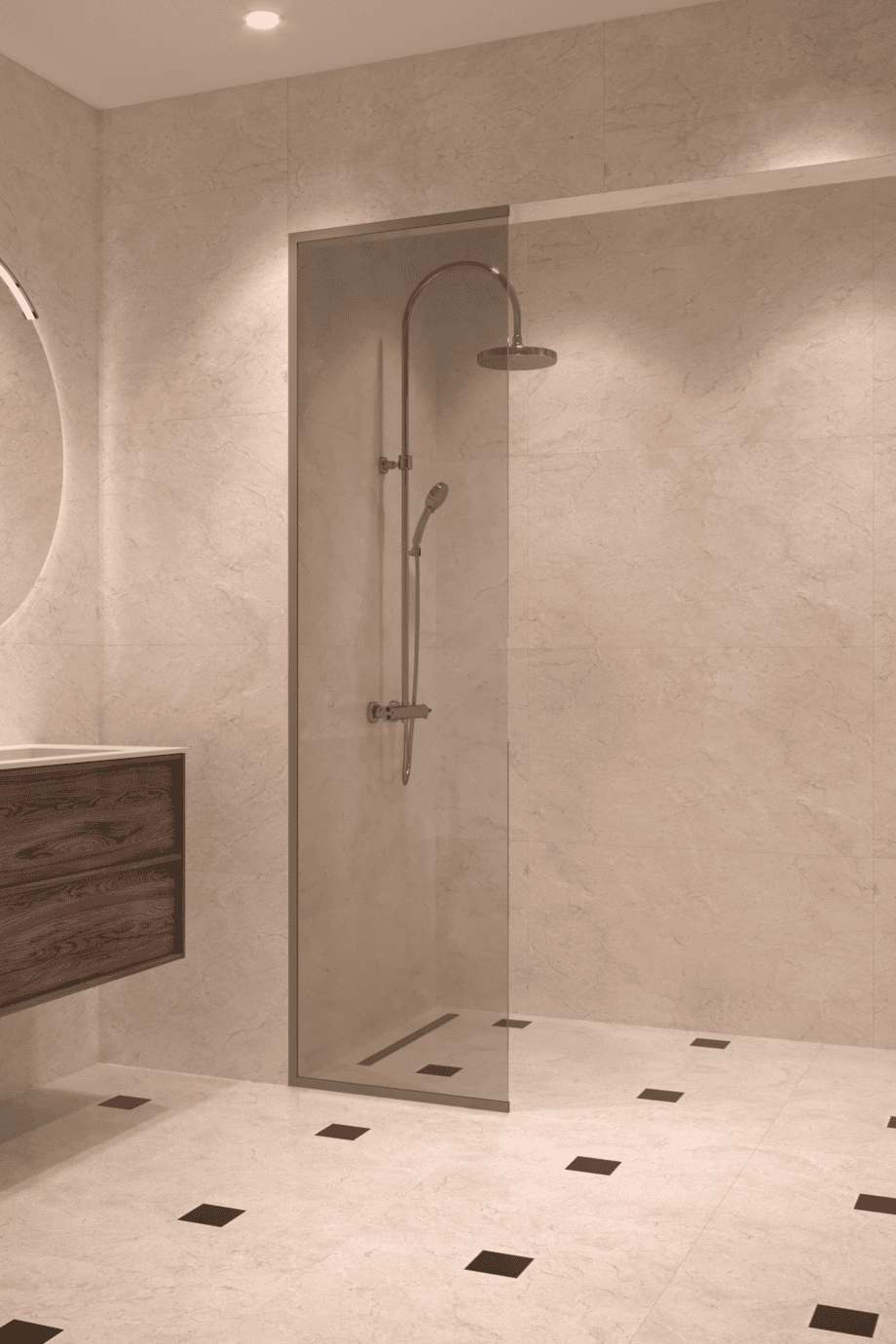 Framed fixed shower screen Hietakari Vetro 516, Mocha fittings, grey tinted glass Framed fixed shower screen Hietakari Vetro 516, Mocha fittings, grey tinted glass