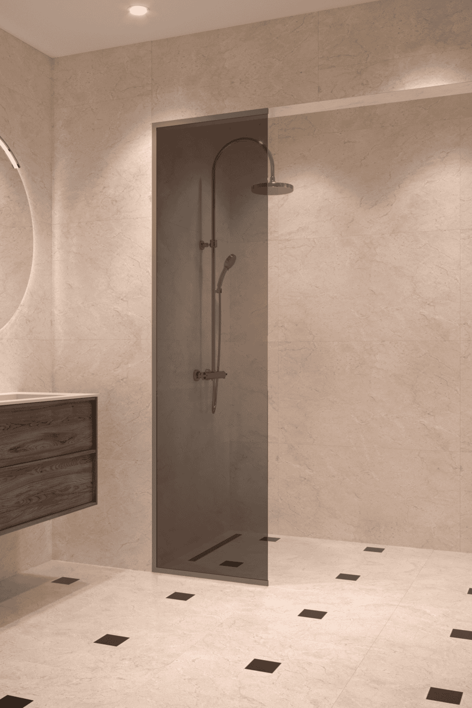 Framed fixed shower screen Hietakari Vetro 516, Mocha fittings, black glass Framed fixed shower screen Hietakari Vetro 516, Mocha fittings, black glass