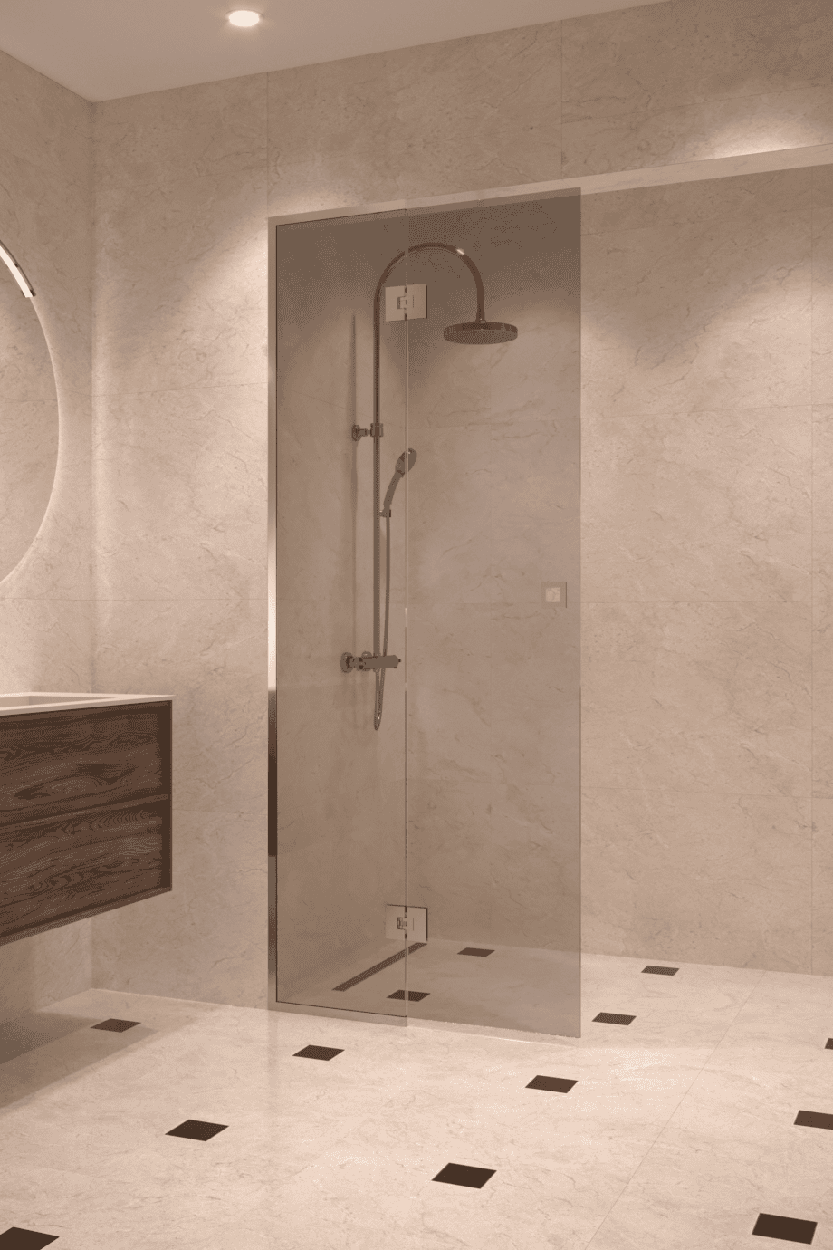 Framed shower screen with fixed part Hietakari Vetro 517, brass fittings, grey tinted glass