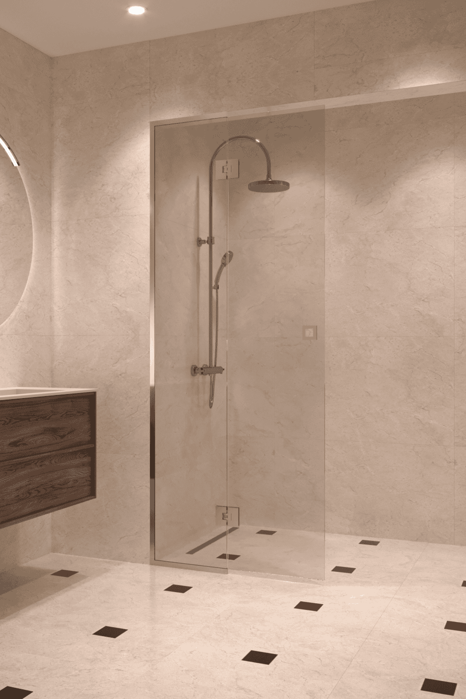 Framed shower screen with fixed part Hietakari Vetro 517, brass fittings, clear glass