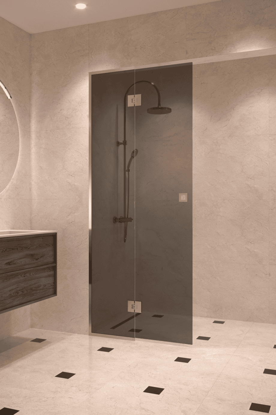 Framed shower screen with fixed part Hietakari Vetro 517, brass fittings, black glass