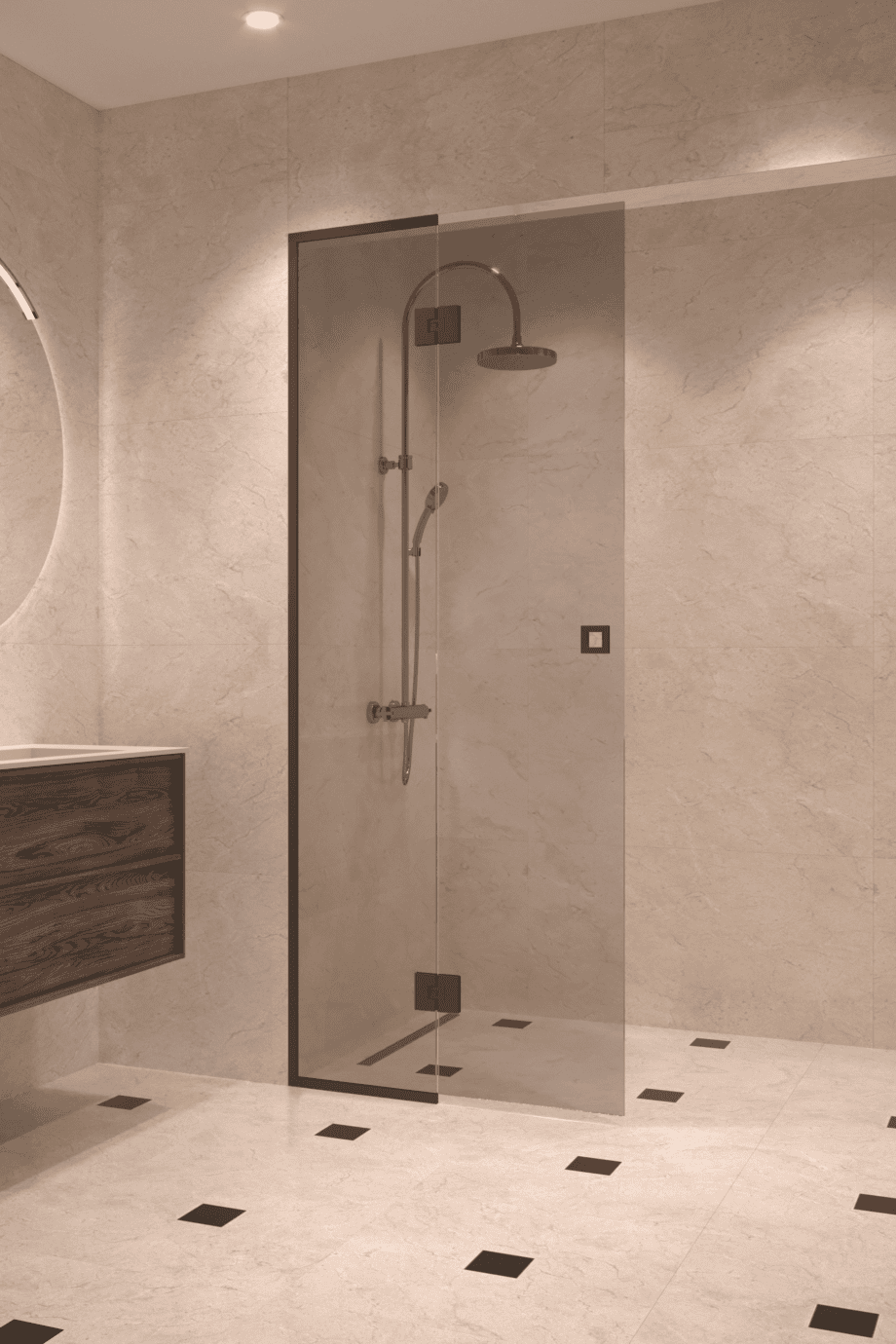 Framed shower screen with fixed part Hietakari Vetro 517, black fittings, grey tinted glass