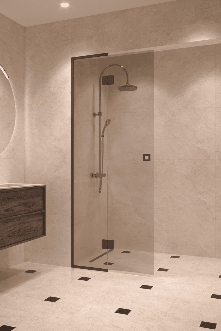 Framed shower screen with fixed part Hietakari Vetro 517, black fittings, bronze tinted glass