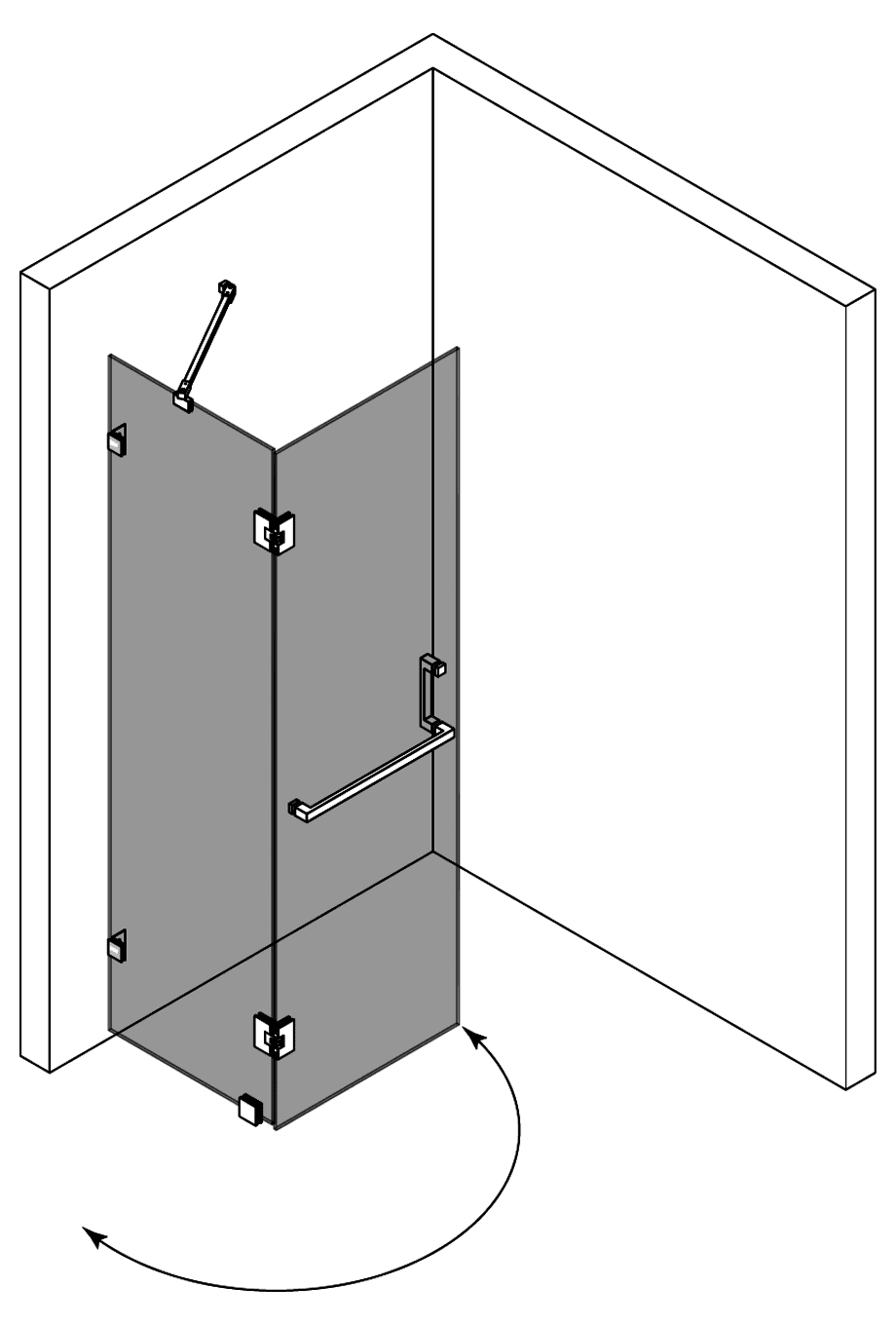 Hinged shower screen with fixed part Hietakari Vetro 521 – 3D drawing 2 Hinged shower screen with fixed part Hietakari Vetro 521 – 3D drawing 2