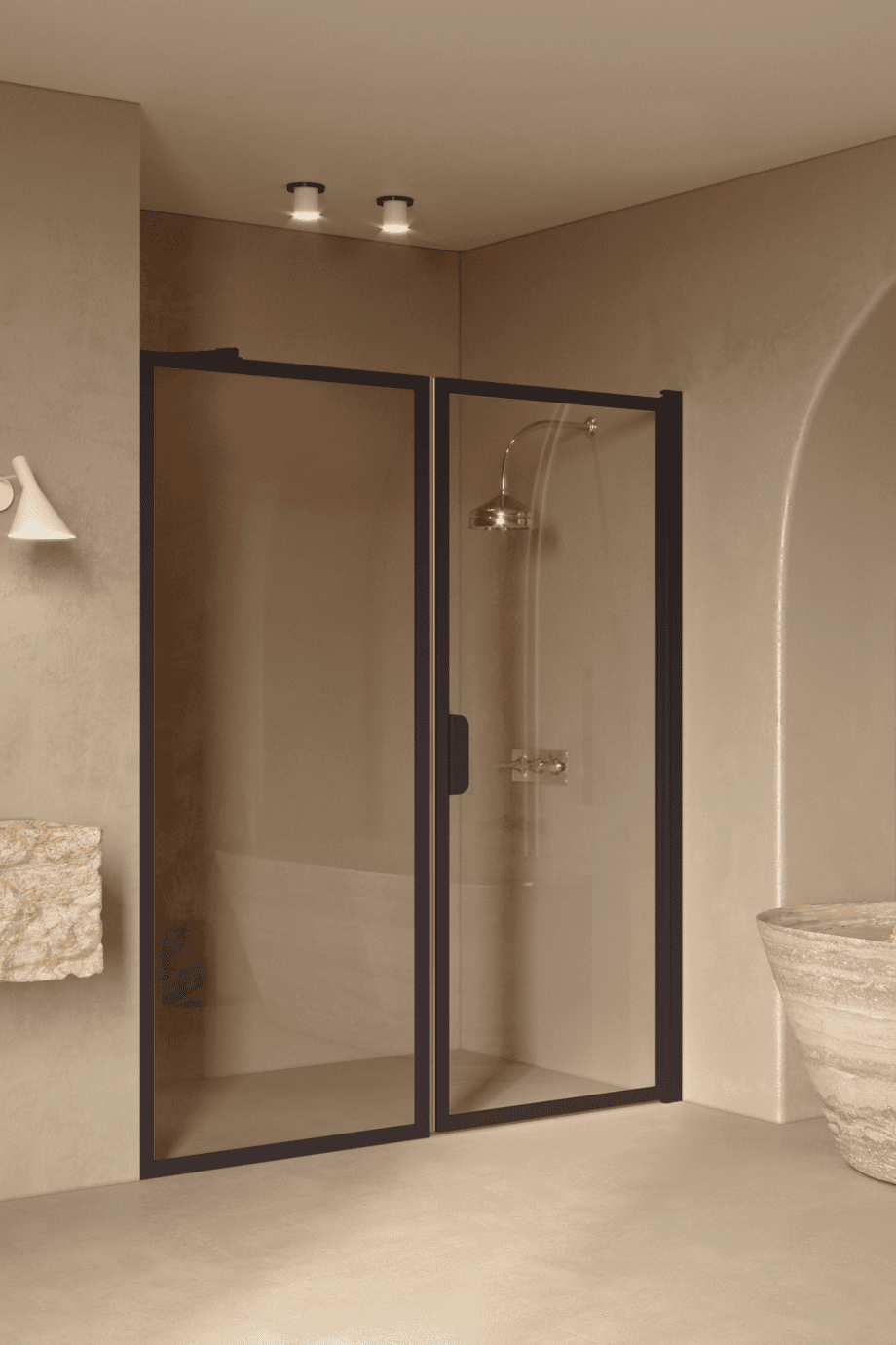 Alcove shower screen Hietakari Bläk 740 New York, Cocoa frame, grey tinted glass Alcove shower screen Hietakari Bläk 740 New York, Cocoa frame, grey tinted glass
