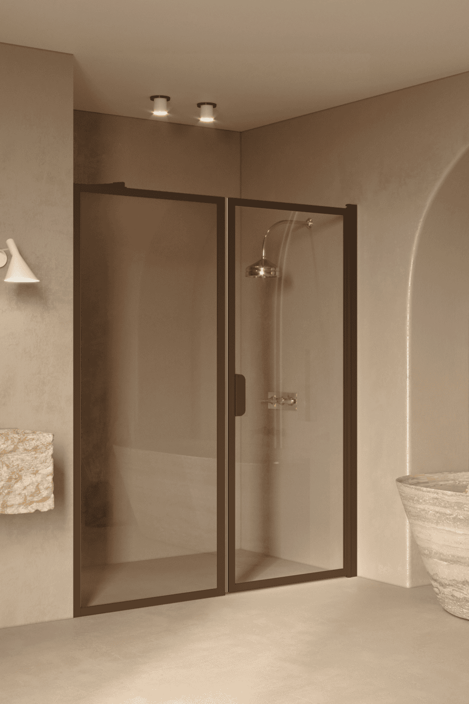Alcove shower screen Hietakari Bläk 740 New York, Mocha frame, grey tinted glass Alcove shower screen Hietakari Bläk 740 New York, Mocha frame, grey tinted glass