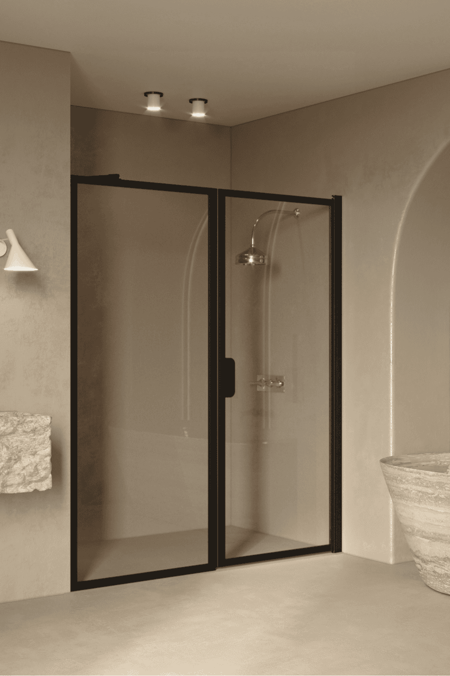 Alcove shower screen Hietakari Bläk 740 New York, black frame, bronze tinted glass Alcove shower screen Hietakari Bläk 740 New York, black frame, bronze tinted glass
