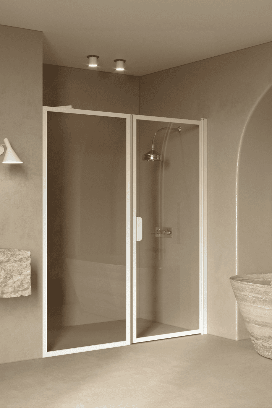 Alcove shower screen Hietakari Bläk 740 New York, white frame, clear glass Alcove shower screen Hietakari Bläk 740 New York, fixed wall + hinged door