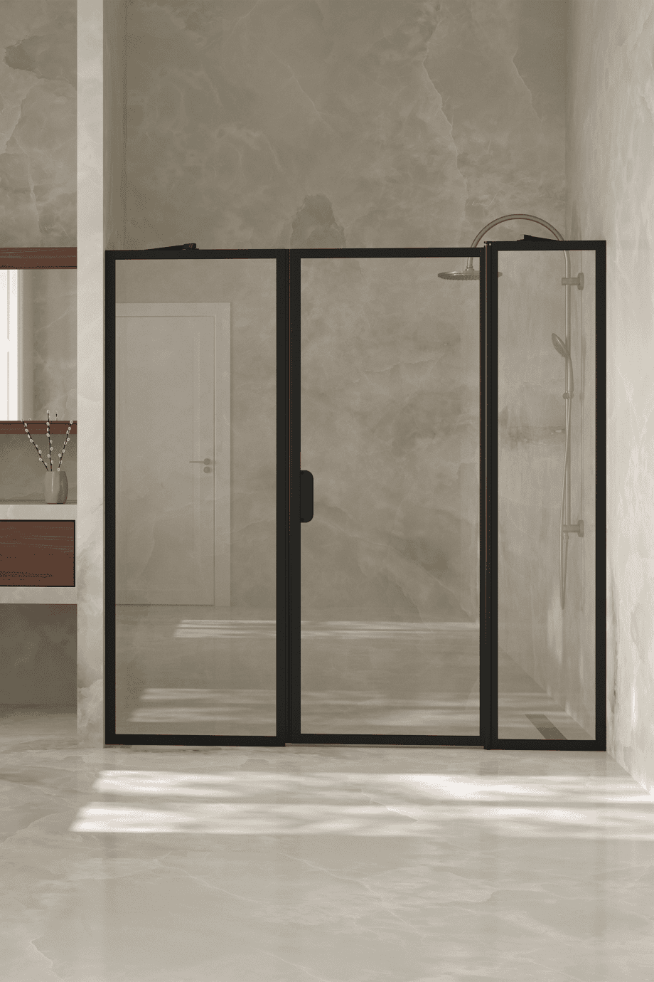Alcove shower screen Hietakari Bläk 741 New York, Cocoa frame, satin frosted glass