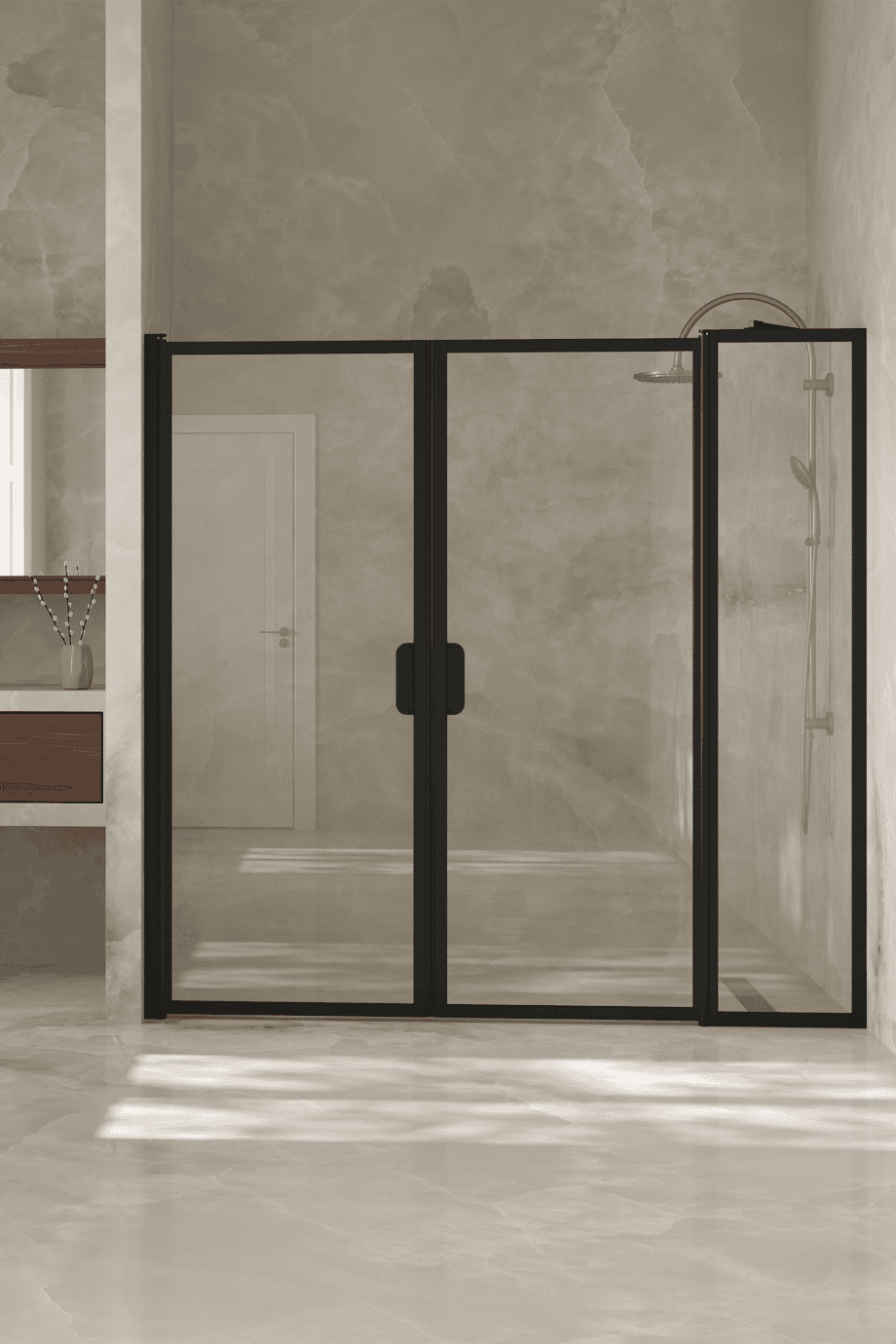 Alcove shower screen Hietakari Bläk 743 New York, black frame, grey tinted glass Alcove shower screen Hietakari Bläk 743 New York, black frame, grey tinted glass