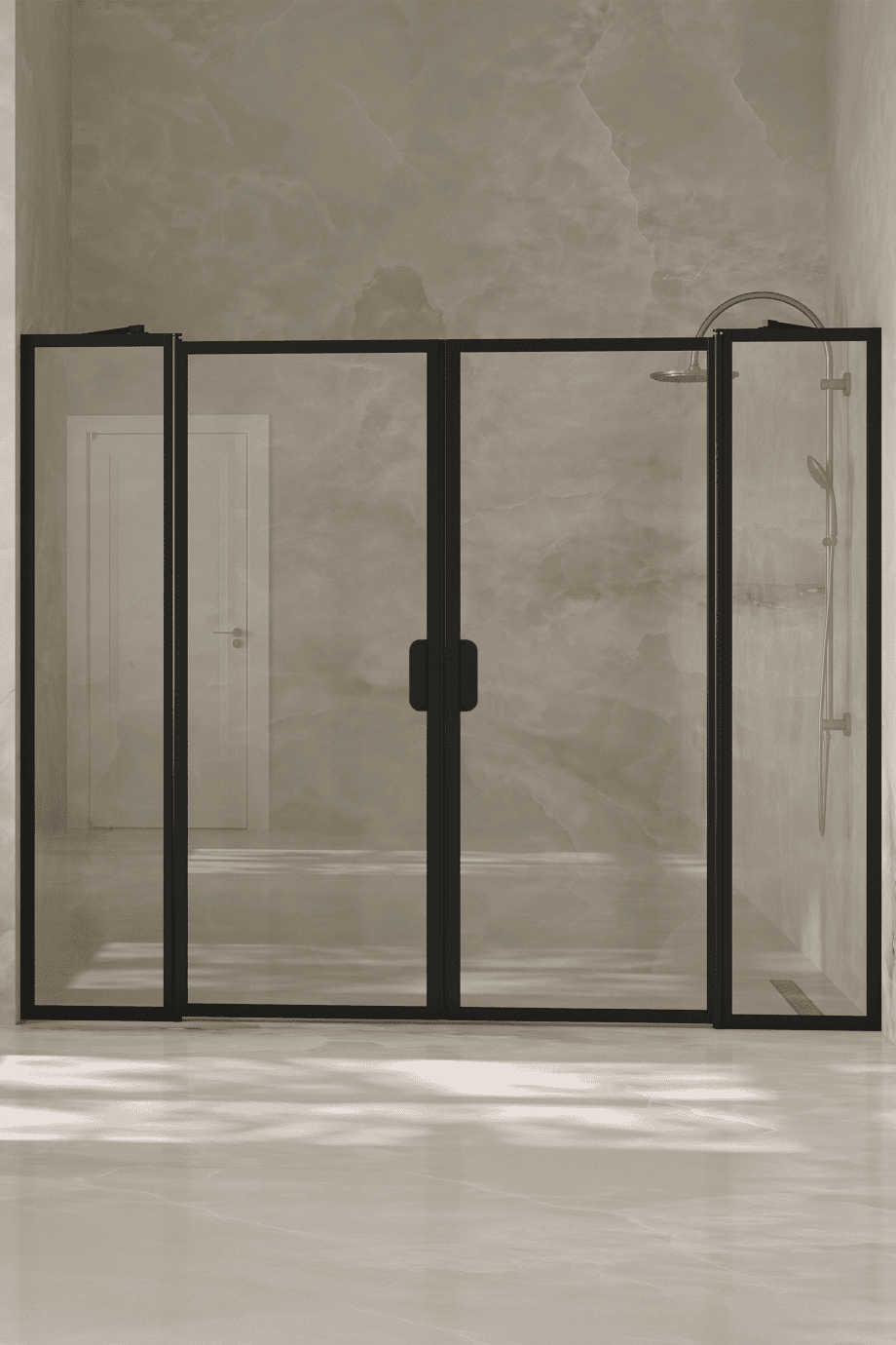 Alcove shower screen Hietakari Bläk 744 New York, Sand frame, grey tinted glass Alcove shower screen Hietakari Bläk 744 New York, Sand frame, grey tinted glass