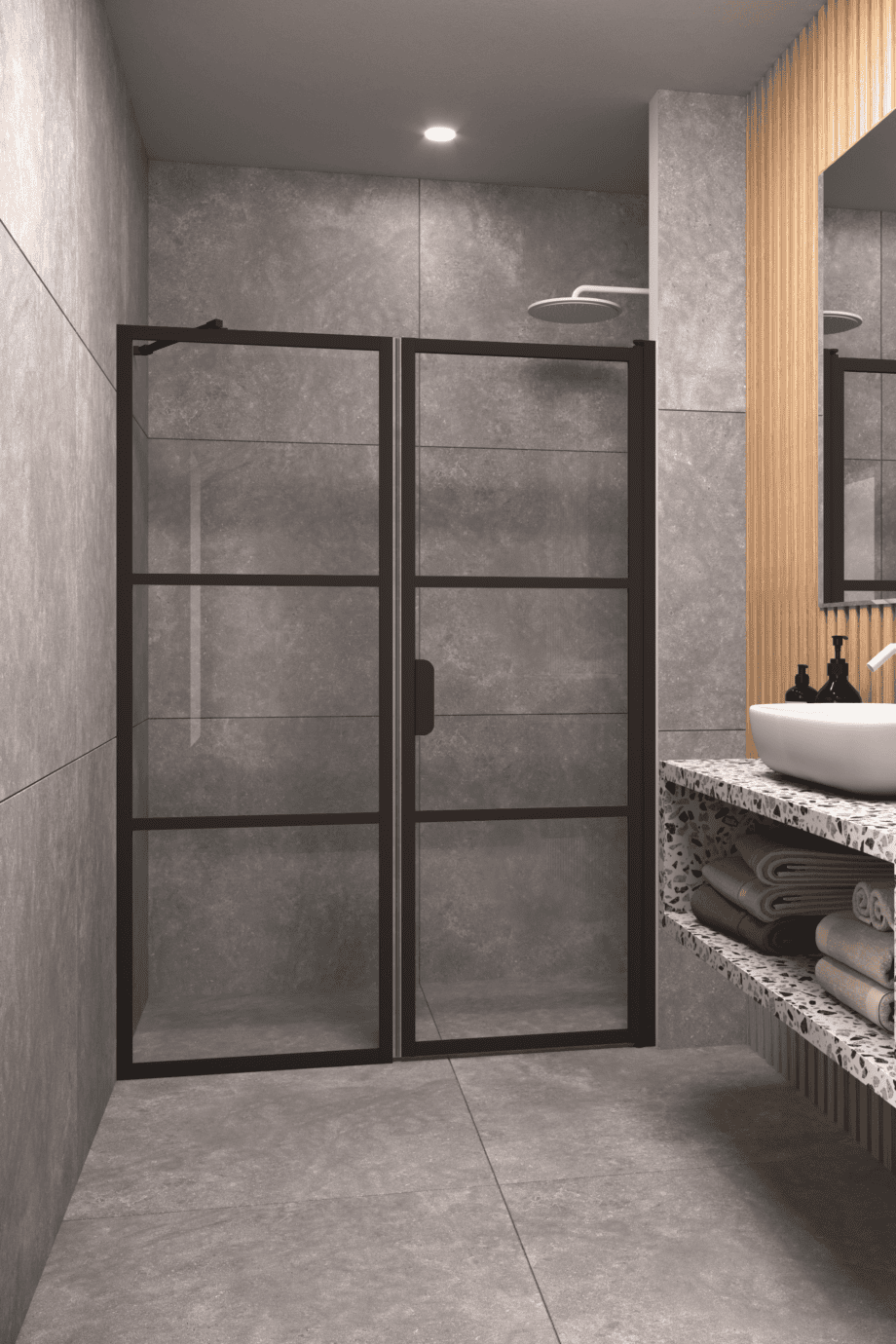 Alcove shower screen Hietakari Bläk 745 Tokyo, Cocoa frame, reeded glass Alcove shower screen Hietakari Bläk 745 Tokyo, Cocoa frame, reeded glass