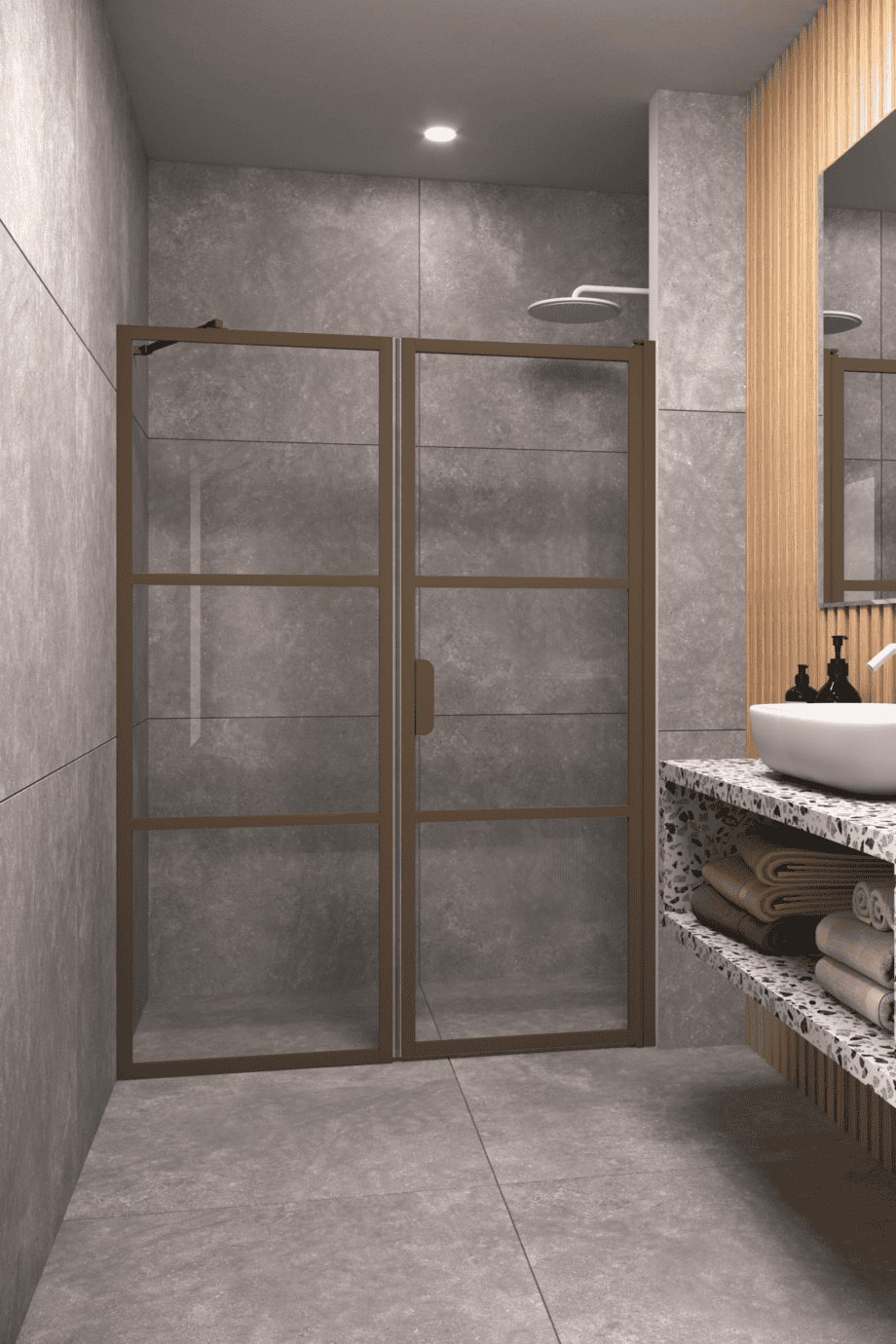 Alcove shower screen Hietakari Bläk 745 Tokyo, Mocha frame, bronze tinted glass Alcove shower screen Hietakari Bläk 745 Tokyo, Mocha frame, bronze tinted glass