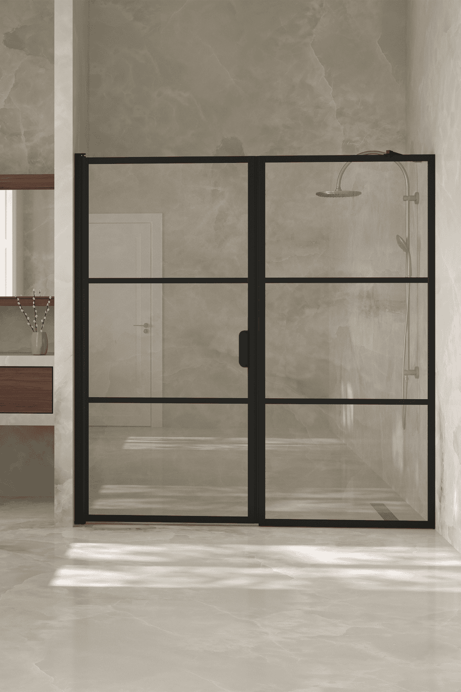 Alcove shower screen Hietakari Bläk 745 Tokyo, black frame, clear glass Alcove shower screen Hietakari Bläk 745 Tokyo, fixed wall + hinged door – 4