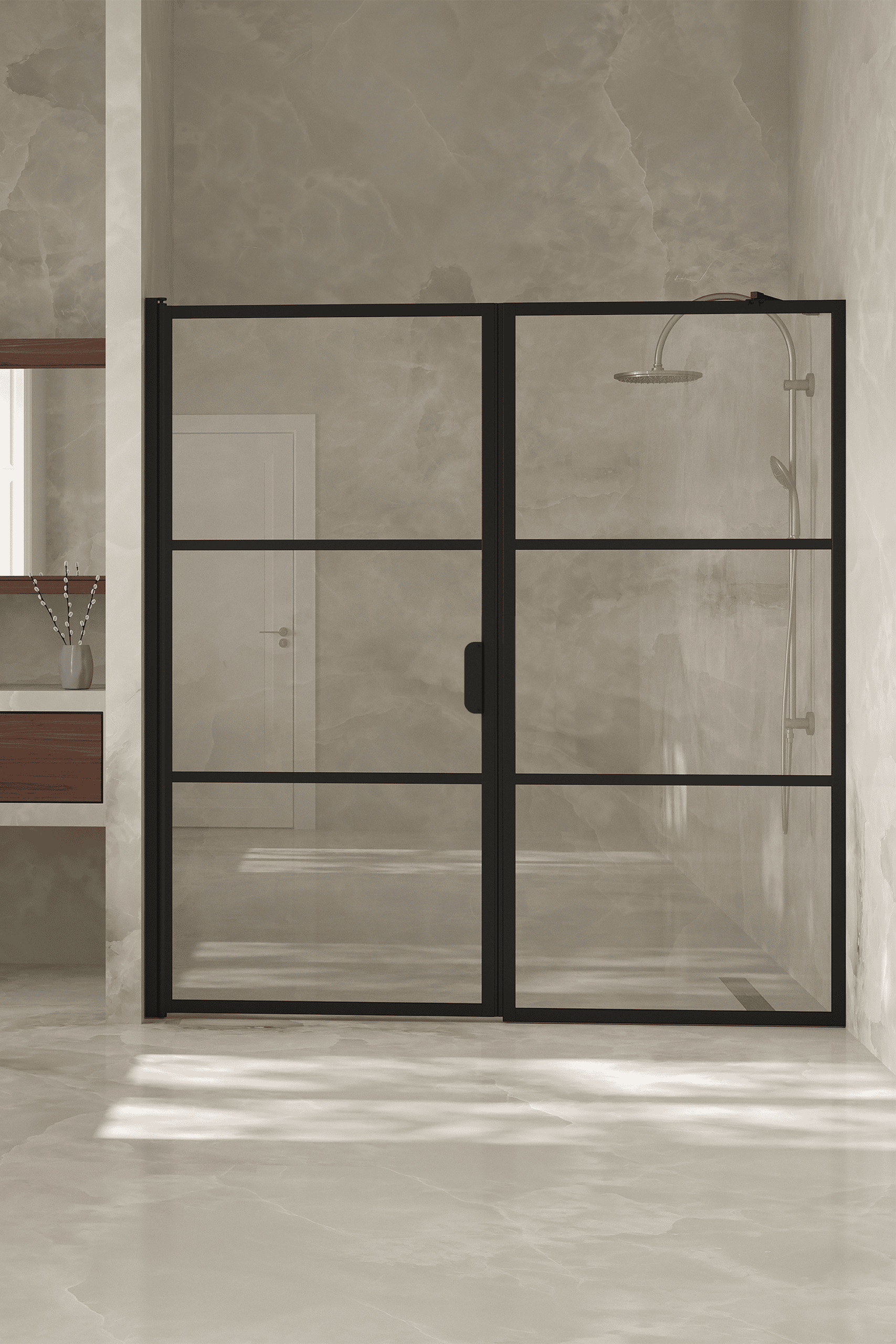 Alcove shower screen Hietakari Bläk 745 Tokyo, fixed wall + hinged door – 4