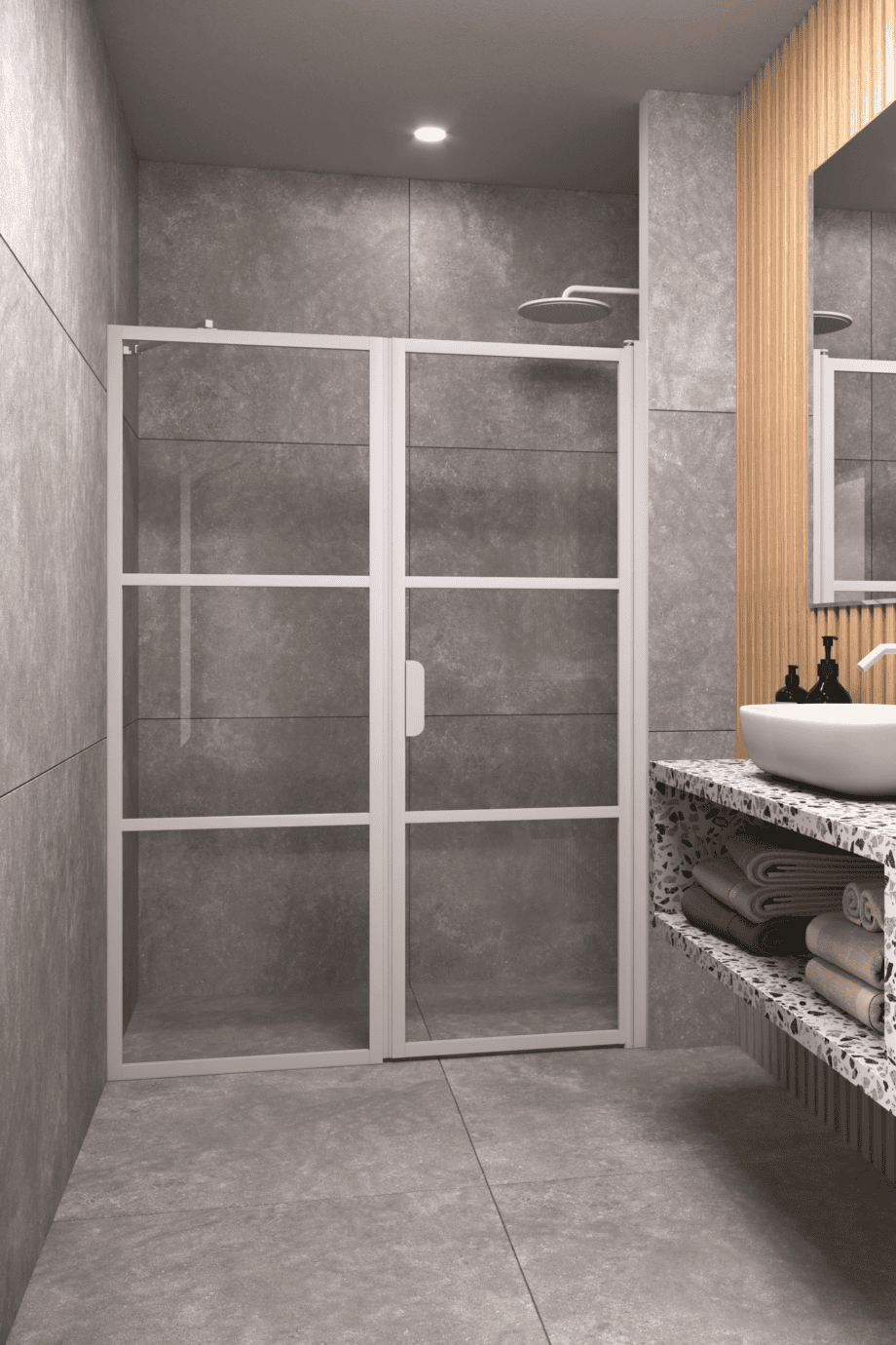 Alcove shower screen Hietakari Bläk 745 Tokyo, white frame, grey tinted glass Alcove shower screen Hietakari Bläk 745 Tokyo, white frame, grey tinted glass