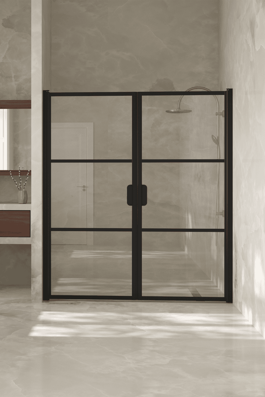 Alcove shower screen Hietakari Bläk 747 Tokyo, black frame, reeded glass Alcove shower screen Hietakari Bläk 747 Tokyo, black frame, reeded glass