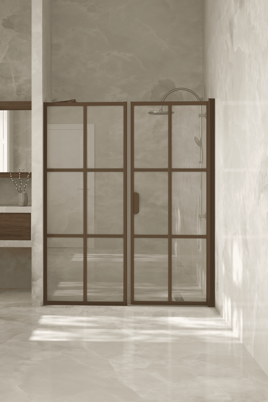 Alcove shower screen Hietakari Bläk 750 Paris, Mocha frame, bronze tinted glass Alcove shower screen Hietakari Bläk 750 Paris, Mocha frame, bronze tinted glass