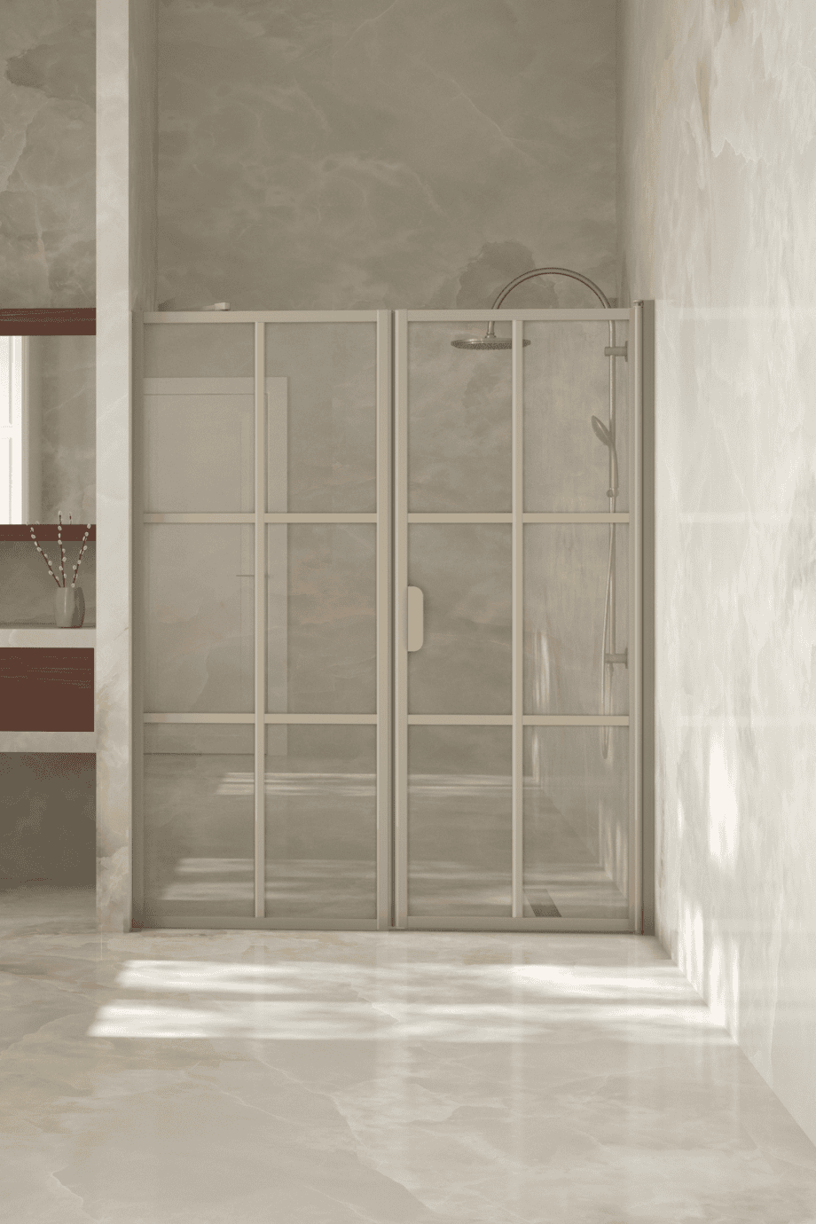 Alcove shower screen Hietakari Bläk 750 Paris, Sand frame, grey tinted glass Alcove shower screen Hietakari Bläk 750 Paris, Sand frame, grey tinted glass