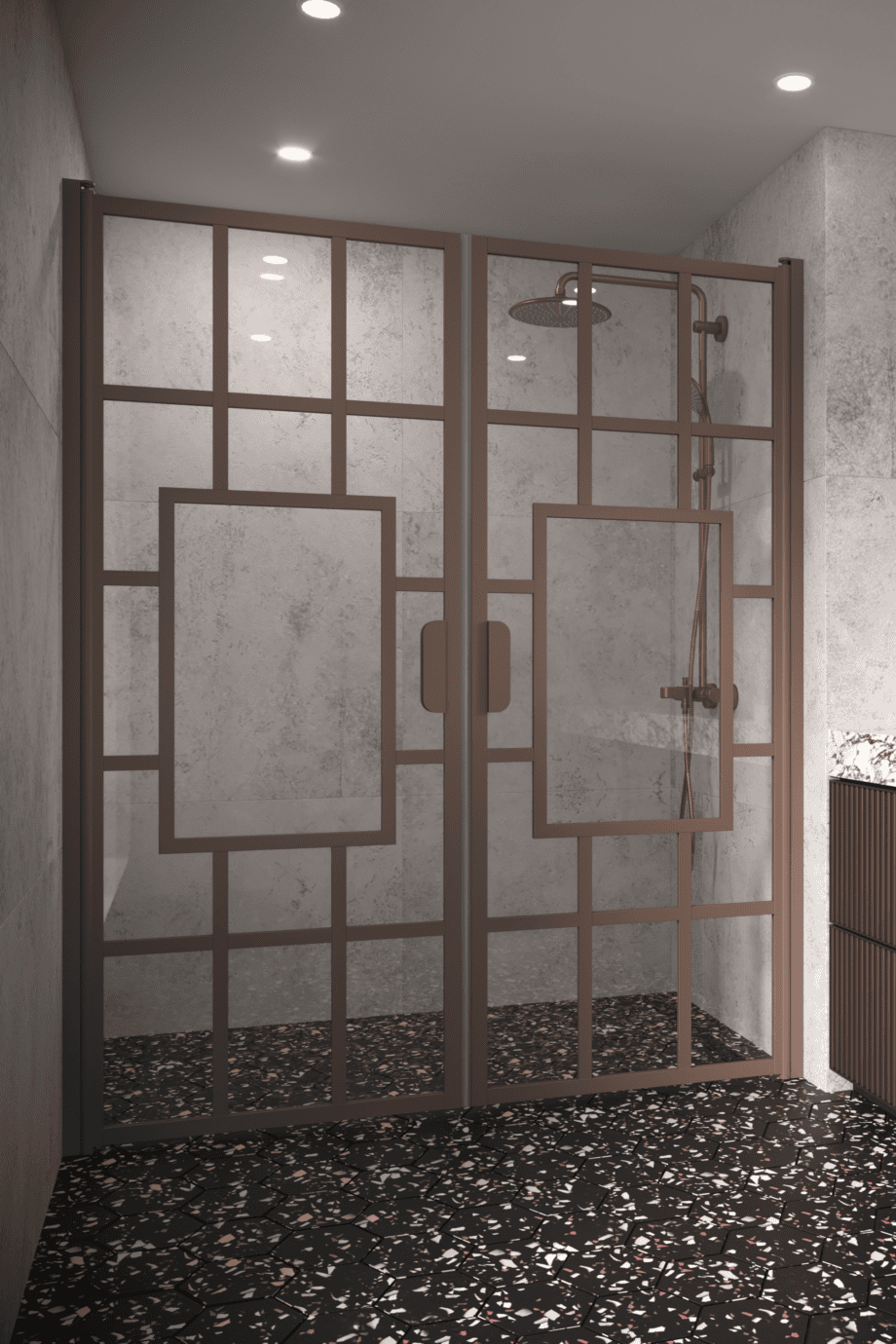 Alcove shower screen Hietakari Bläk 803 Shanghai, Mocha frame, reeded glass Alcove shower screen Hietakari Bläk 803 Shanghai, Mocha frame, reeded glass