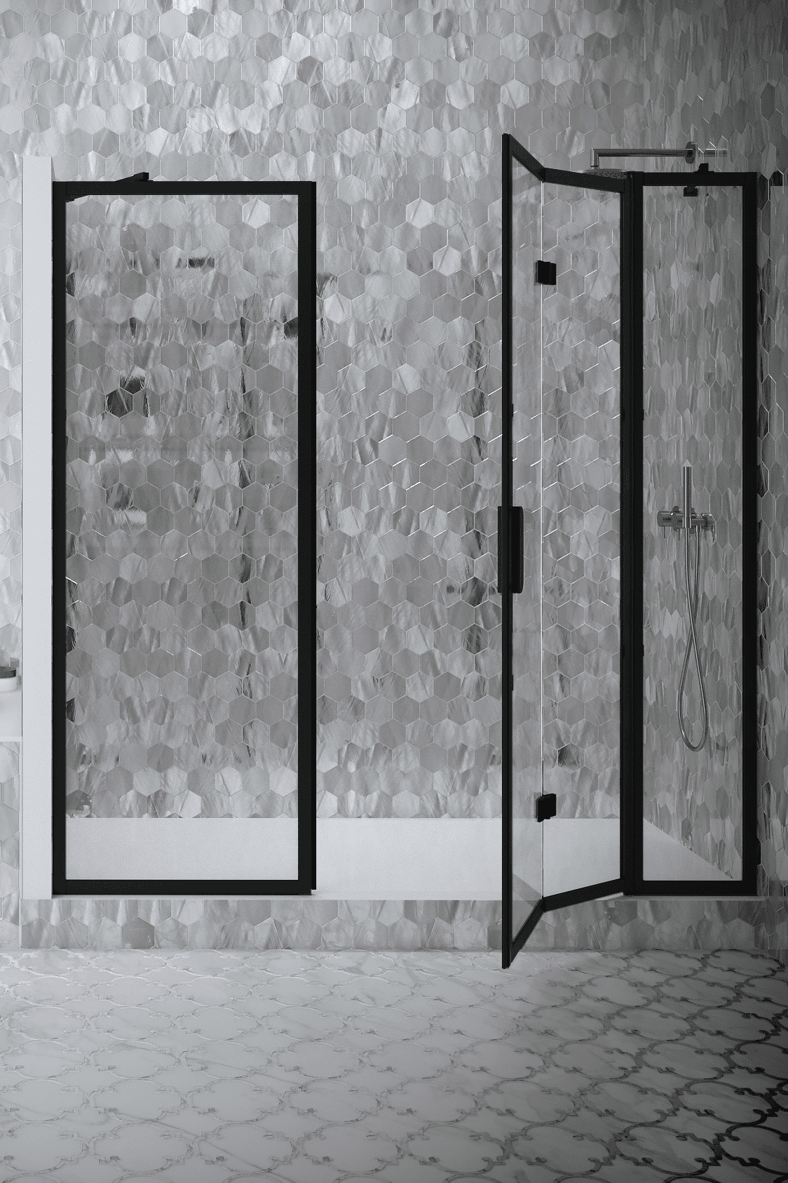 Alcove shower screen Hietakari Bläk 826 New York, fixed wall + folding door with fixed part
