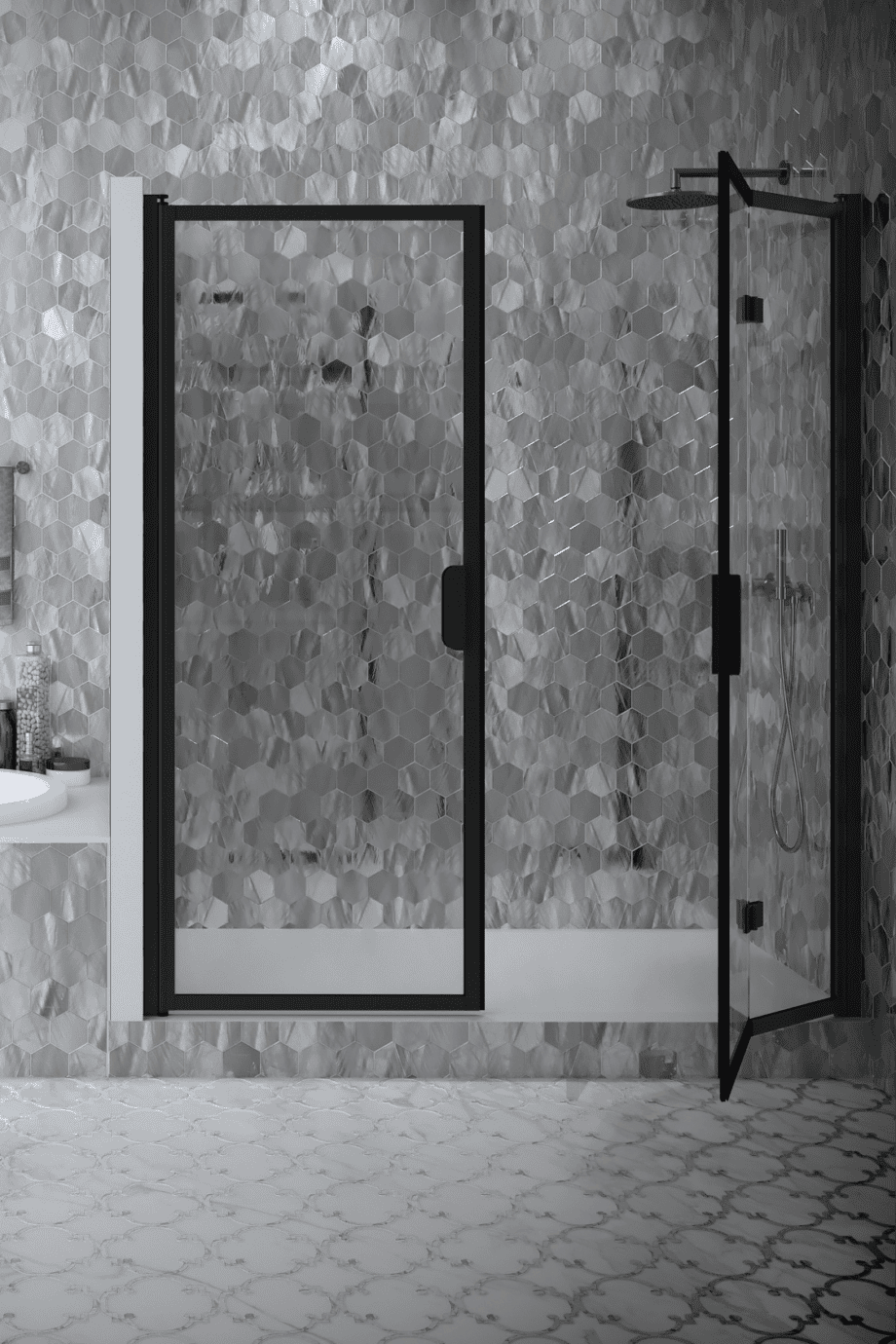 Alcove shower screen Hietakari Bläk 829 New York, Sand frame, reeded glass Alcove shower screen Hietakari Bläk 829 New York, Sand frame, reeded glass