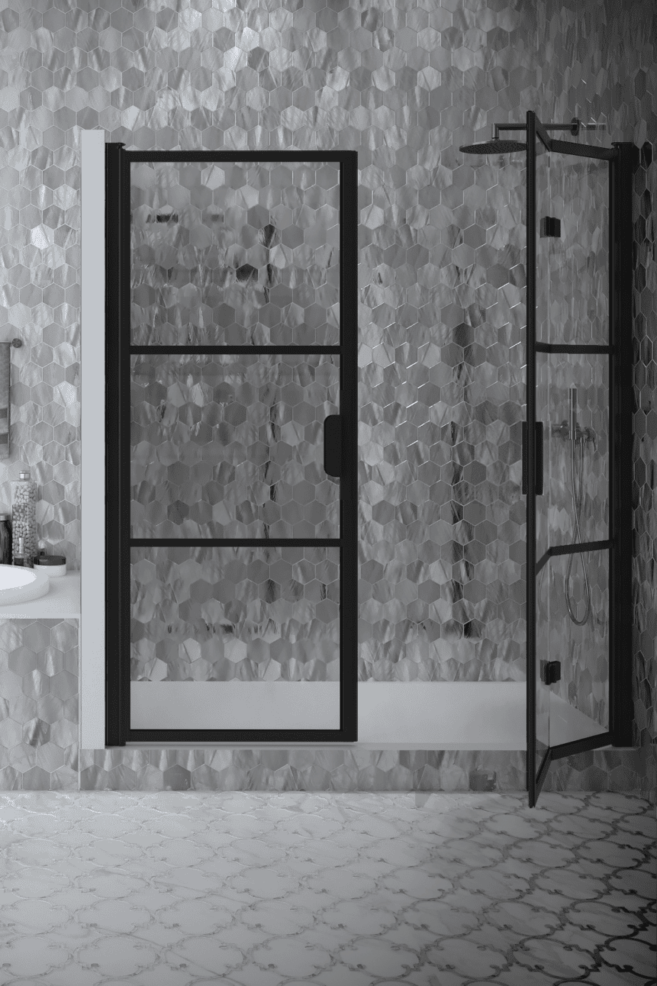 Alcove shower screen Hietakari Bläk 830 Tokyo, black frame, bronze tinted glass Alcove shower screen Hietakari Bläk 830 Tokyo, black frame, bronze tinted glass