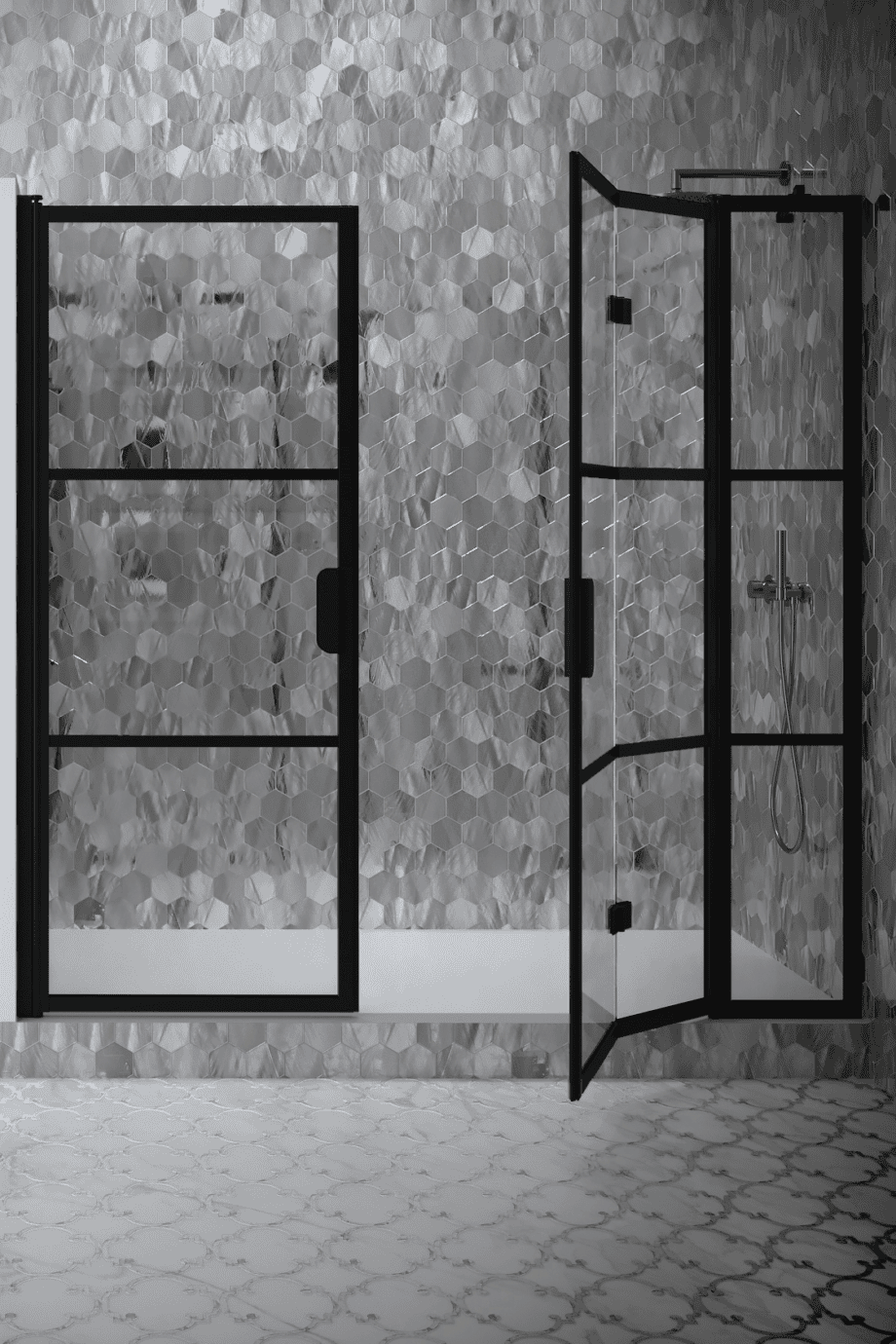 Alcove shower screen Hietakari Bläk 834 Tokyo, Sand frame, reeded glass Alcove shower screen Hietakari Bläk 834 Tokyo, Sand frame, reeded glass