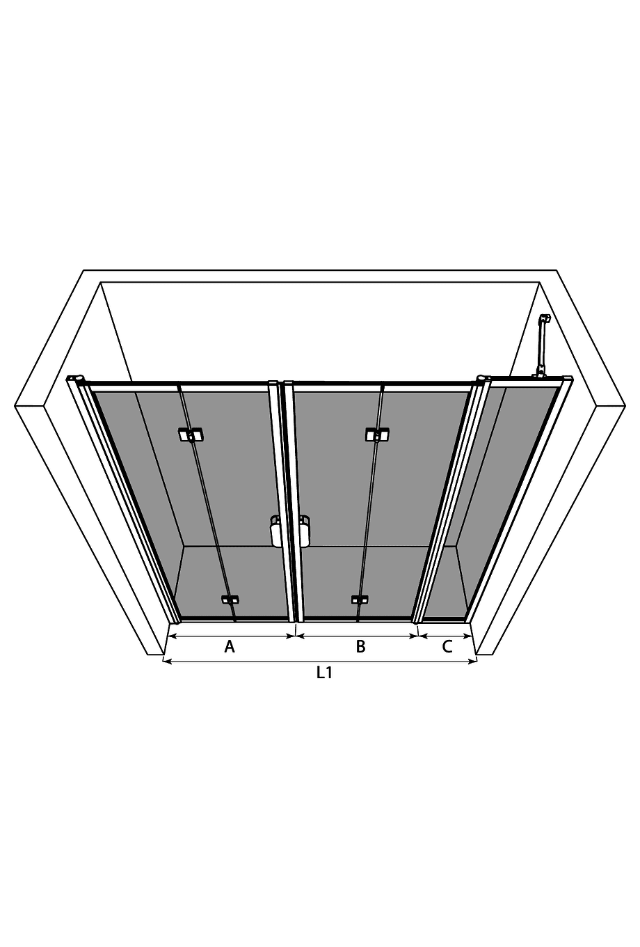 Alcove shower screen Hietakari Bläk 838 New York – 3D drawing Alcove shower screen Hietakari Bläk 838 New York – 3D drawing