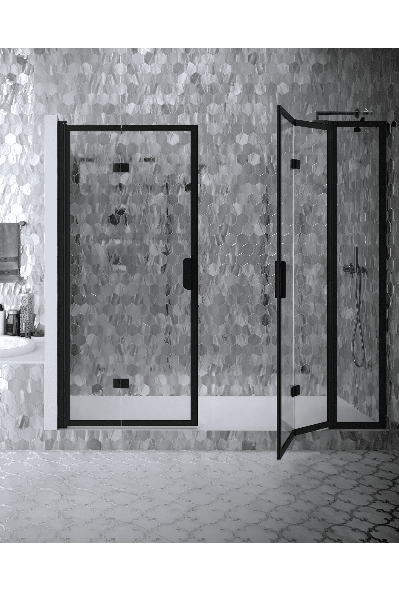 Alcove shower screen Hietakari Bläk 838 New York, hinged door + hinged door with fixed part