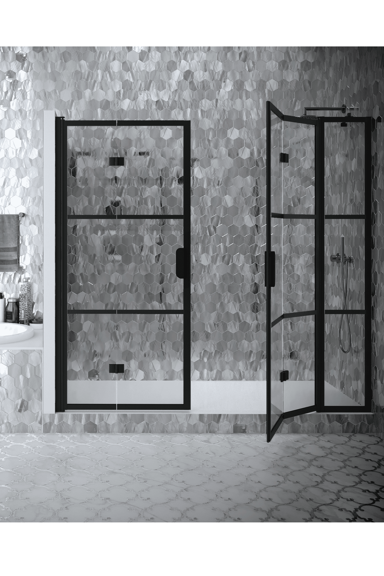 Alcove shower screen Hietakari Bläk 839 Tokyo, hinged door + hinged door with fixed part – 6