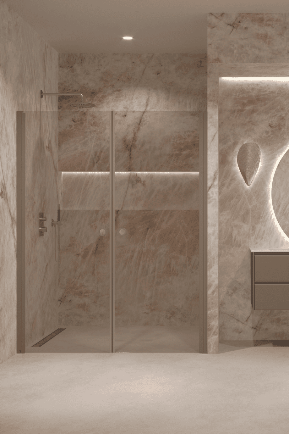 Alcove shower screen Hietakari Forma 321, Mocha frame, bronze tinted glass Alcove shower screen Hietakari Forma 321, Mocha frame, bronze tinted glass