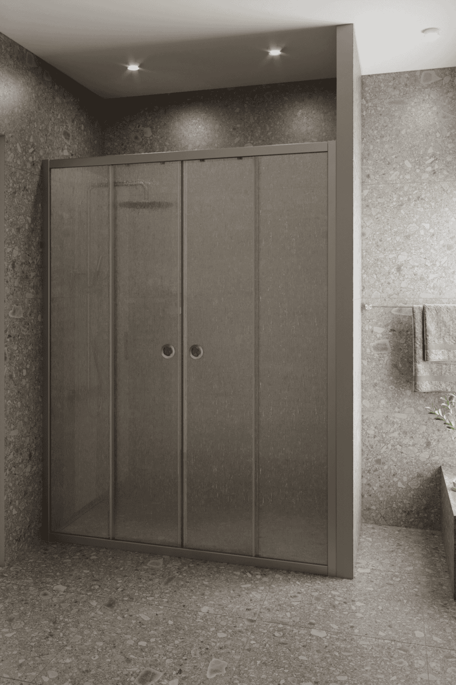 Alcove shower screen Hietakari Forma 464, aluminium frame, Chinchilla patterned glass Alcove shower screen Hietakari Forma 464, aluminium frame, Chinchilla patterned glass