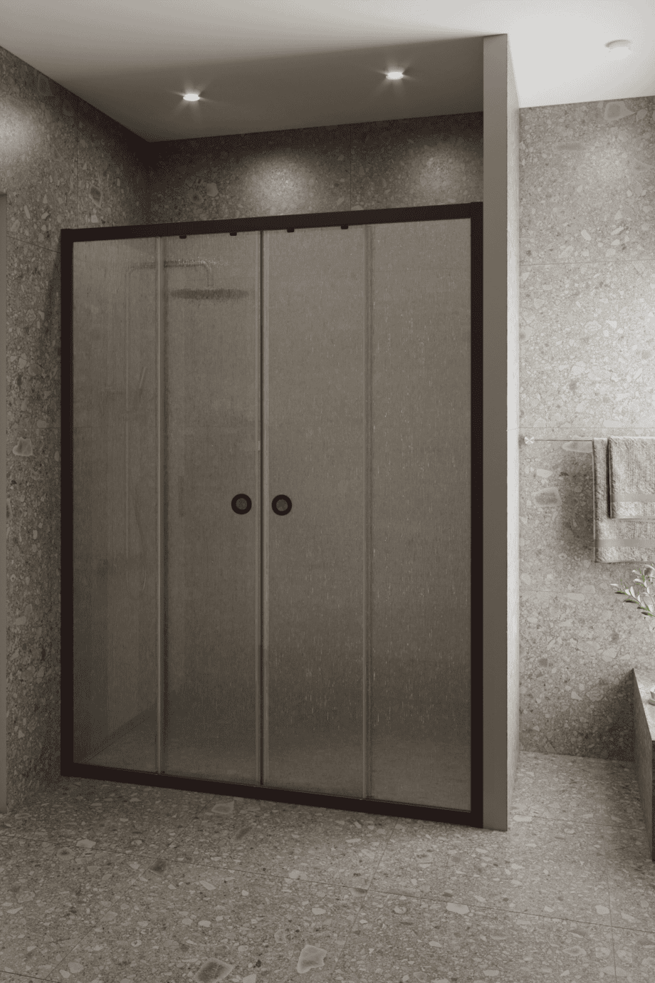 Alcove shower screen Hietakari Forma 464, Cocoa frame, Chinchilla patterned glass Alcove shower screen Hietakari Forma 464, Cocoa frame, Chinchilla patterned glass
