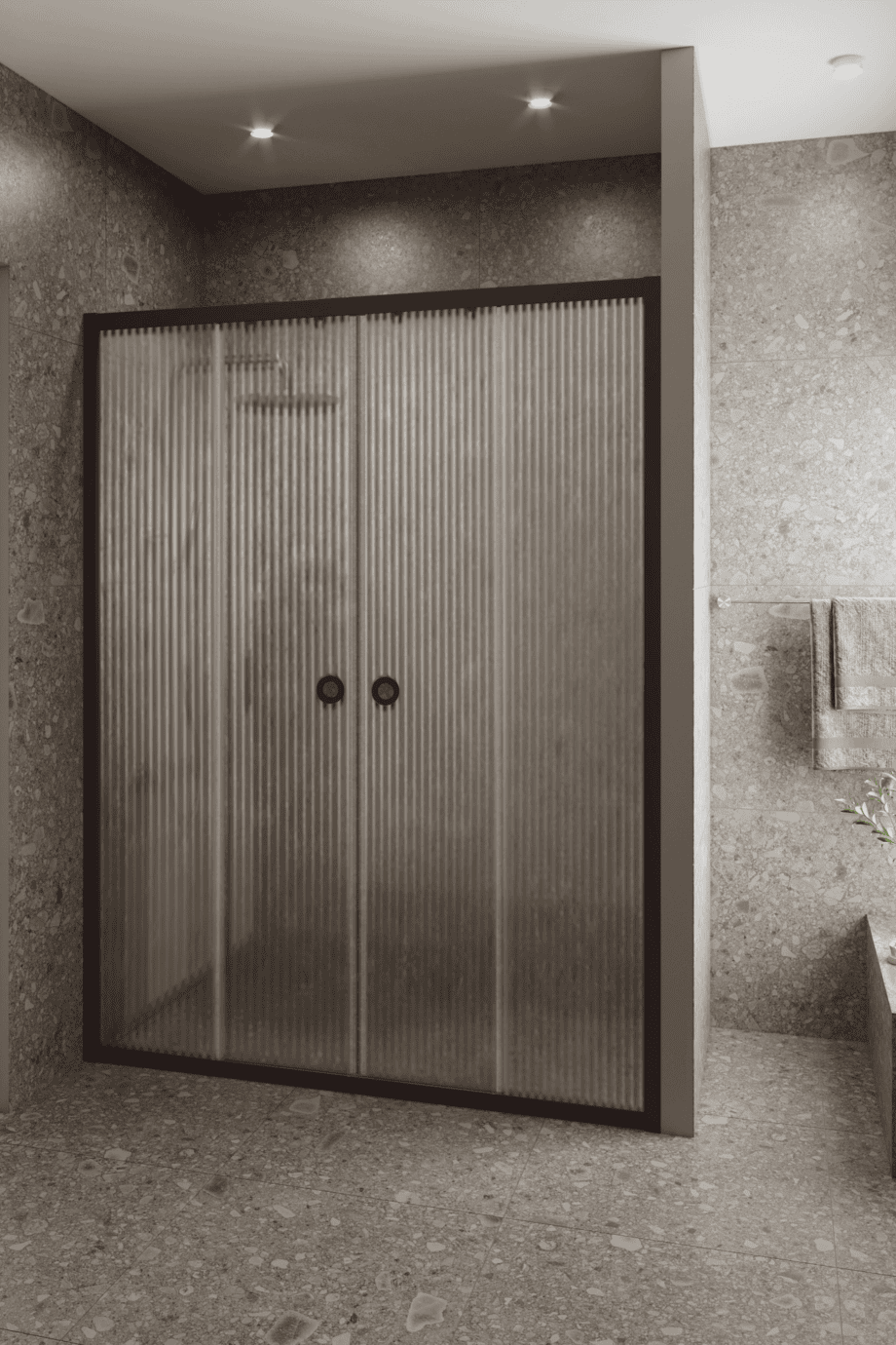 Alcove shower screen Hietakari Forma 464, Cocoa frame, reeded glass Alcove shower screen Hietakari Forma 464, Cocoa frame, reeded glass