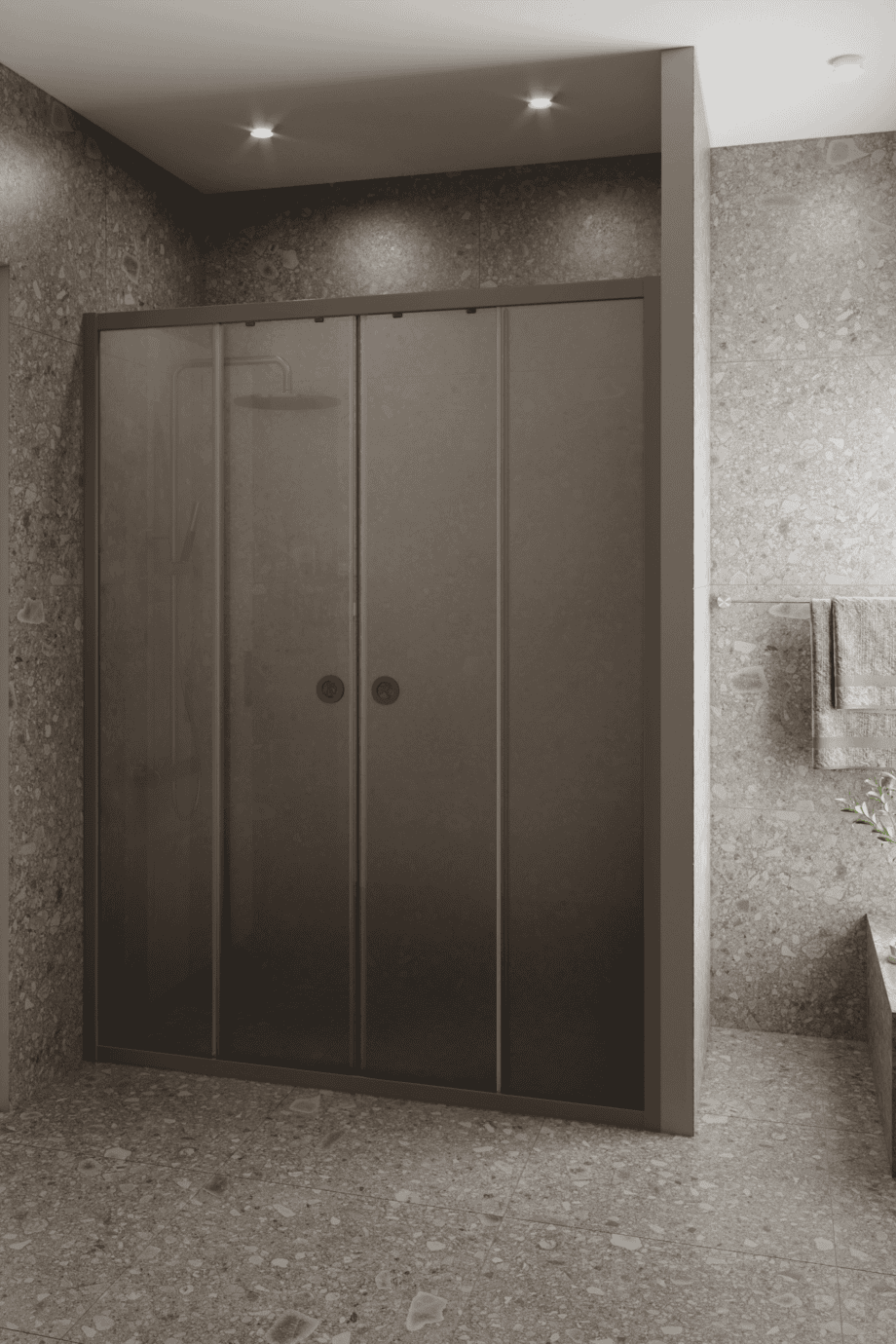 Alcove shower screen Hietakari Forma 464, Mocha frame, grey satin glass Alcove shower screen Hietakari Forma 464, Mocha frame, grey satin glass