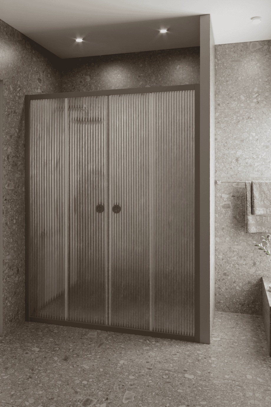 Alcove shower screen Hietakari Forma 464, Mocha frame, reeded glass Alcove shower screen Hietakari Forma 464, Mocha frame, reeded glass