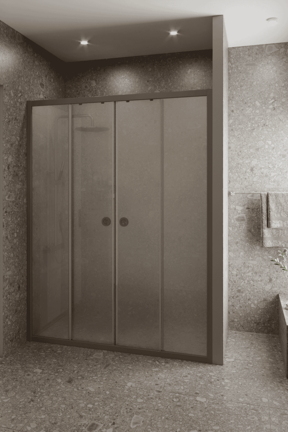 Alcove shower screen Hietakari Forma 464, Mocha frame, super bright satin glass Alcove shower screen Hietakari Forma 464, Mocha frame, super bright satin glass