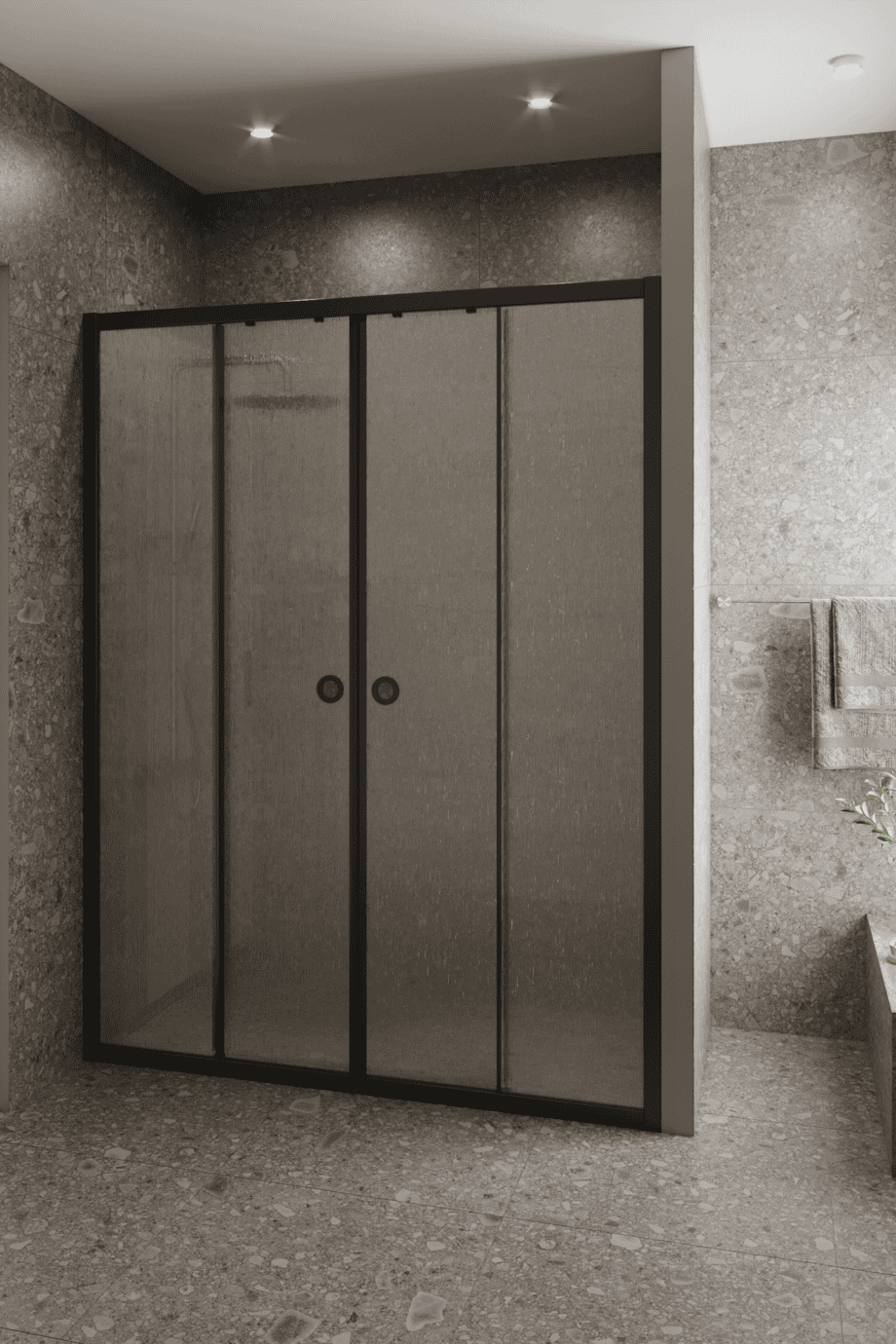 Alcove shower screen Hietakari Forma 464, black frame, Chinchilla patterned glass Alcove shower screen Hietakari Forma 464, black frame, Chinchilla patterned glass