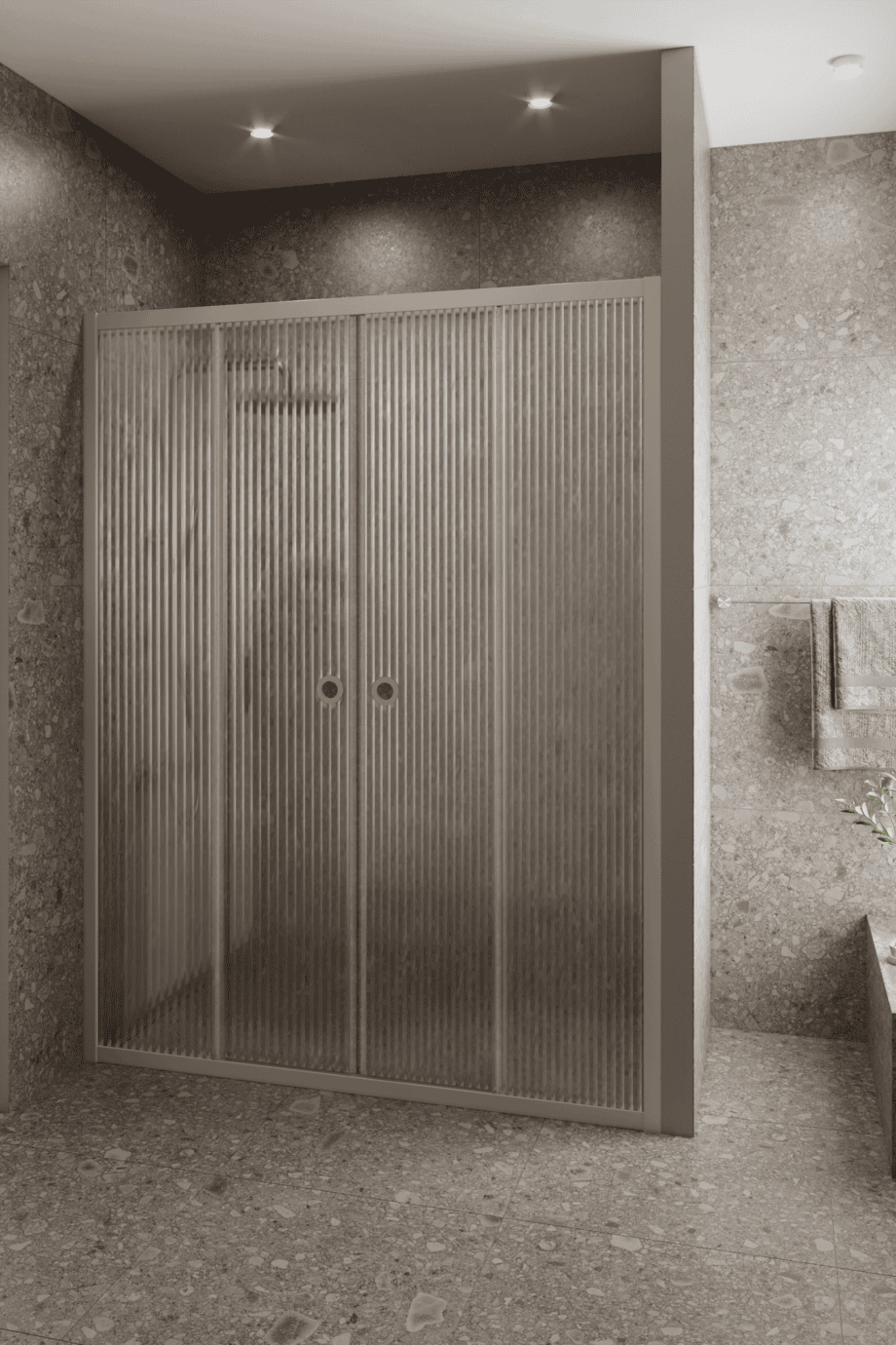 Alcove shower screen Hietakari Forma 464, Sand frame, reeded glass Alcove shower screen Hietakari Forma 464, Sand frame, reeded glass