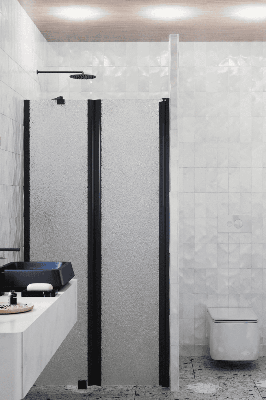 Alcove shower screen Hietakari Infinia 237, black frame, Chinchilla patterned glass Alcove shower screen Hietakari Infinia 237, black frame, Chinchilla patterned glass