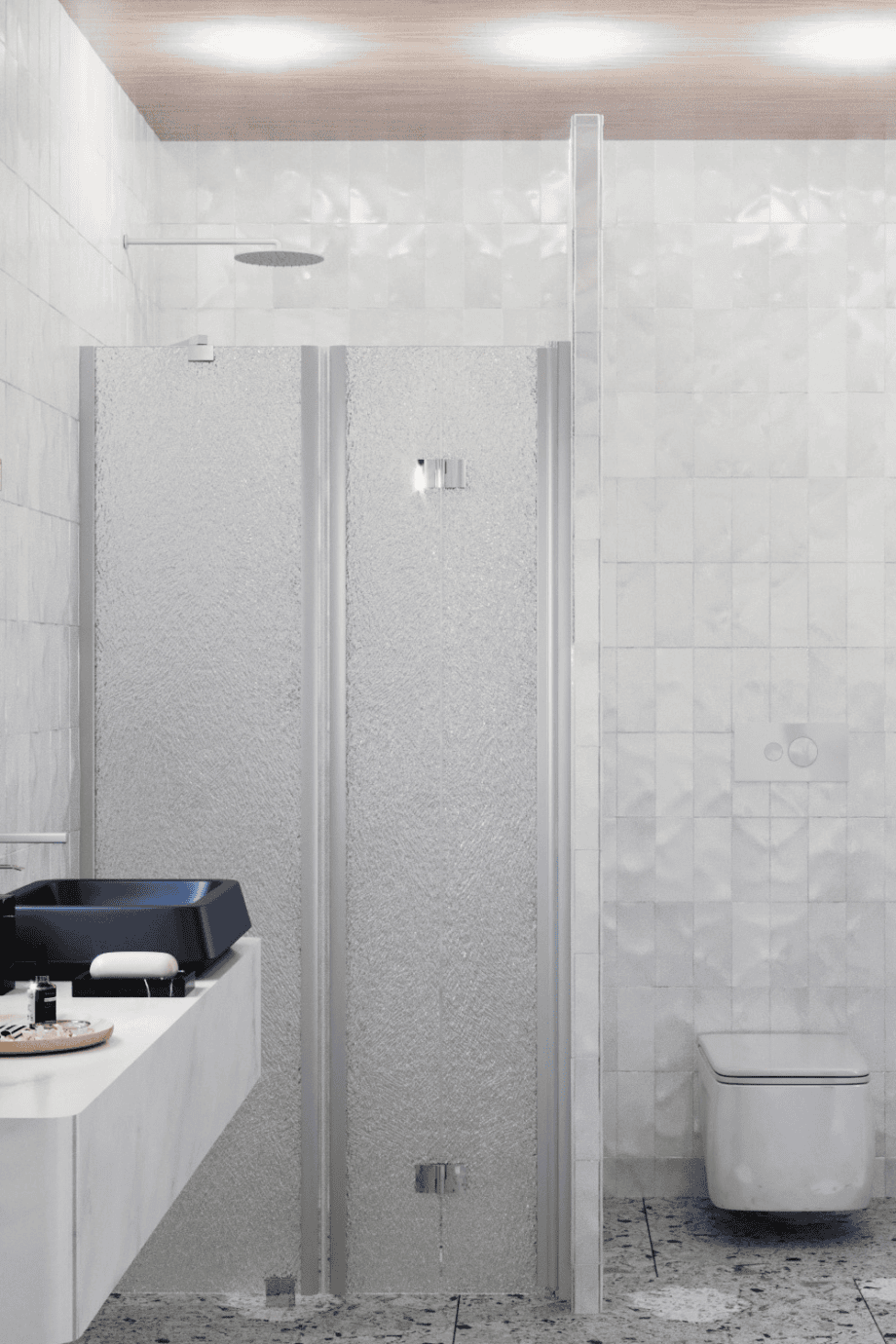 Alcove shower screen Hietakari Infinia 238, aluminium frame, Chinchilla patterned glass
