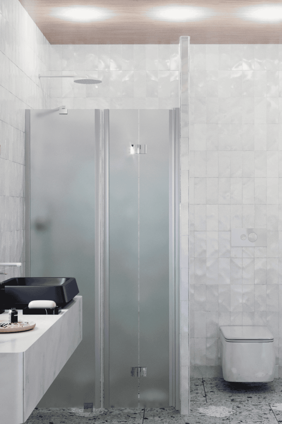 Alcove shower screen Hietakari Infinia 238, aluminium frame, satin frosted glass