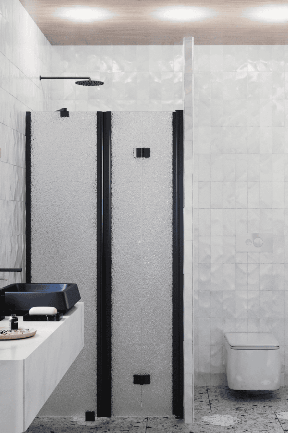 Alcove shower screen Hietakari Infinia 238, black frame, Chinchilla patterned glass