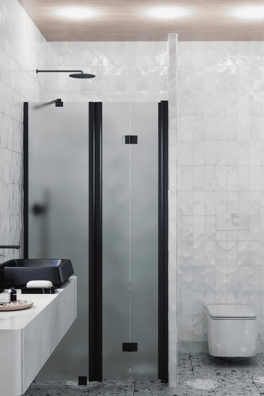 Alcove shower screen Hietakari Infinia 238, black frame, satin frosted glass