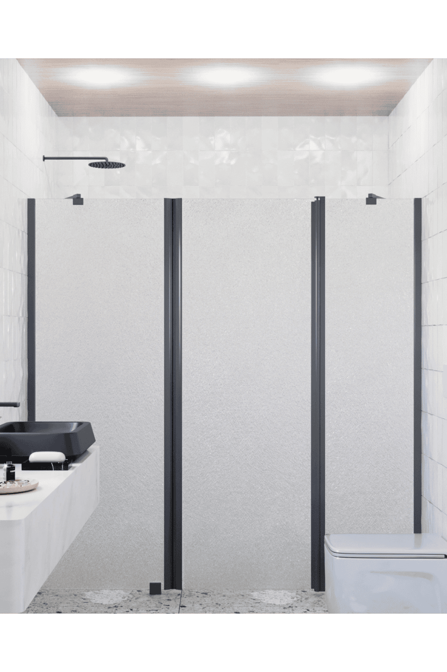 Alcove shower screen Hietakari Infinia 239, black frame, Chinchilla patterned glass Alcove shower screen Hietakari Infinia 239, black frame, Chinchilla patterned glass