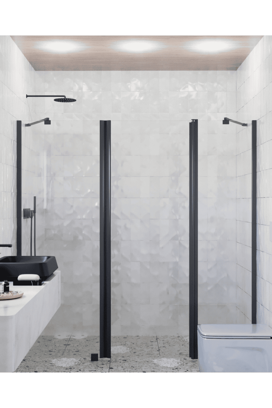Alcove shower screen Hietakari Infinia 239, black frame, clear glass Alcove shower screen Hietakari Infinia 239, fixed wall + hinged door with fixed part – 5