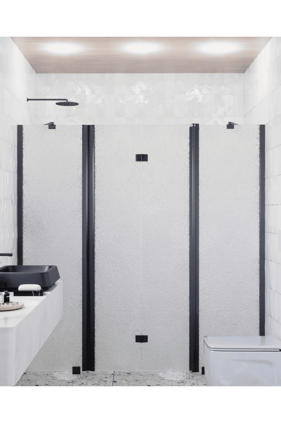 Alcove shower screen Hietakari Infinia 240, black frame, Chinchilla patterned glass Alcove shower screen Hietakari Infinia 240, black frame, Chinchilla patterned glass